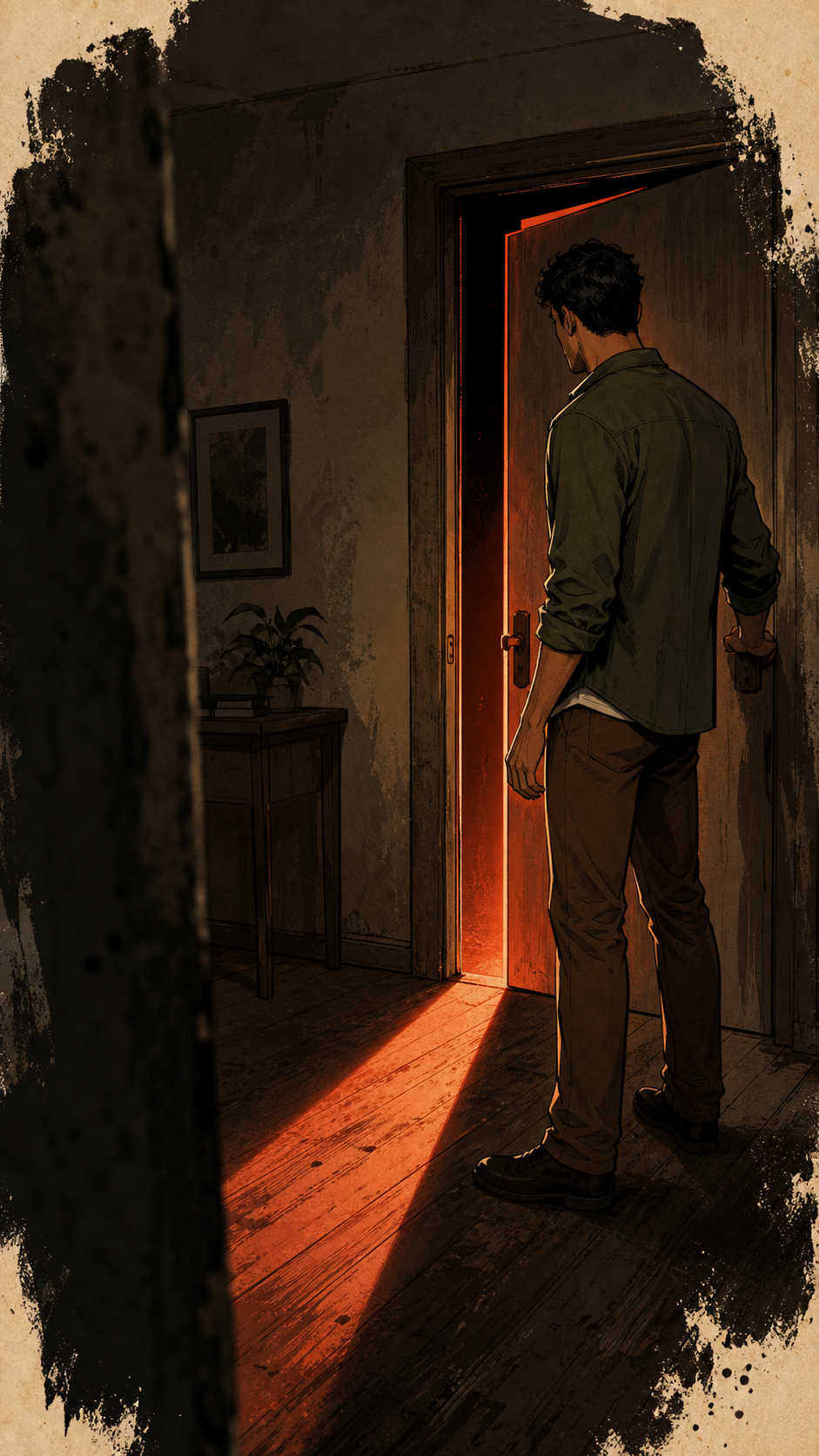 Homem diante de uma porta iluminada